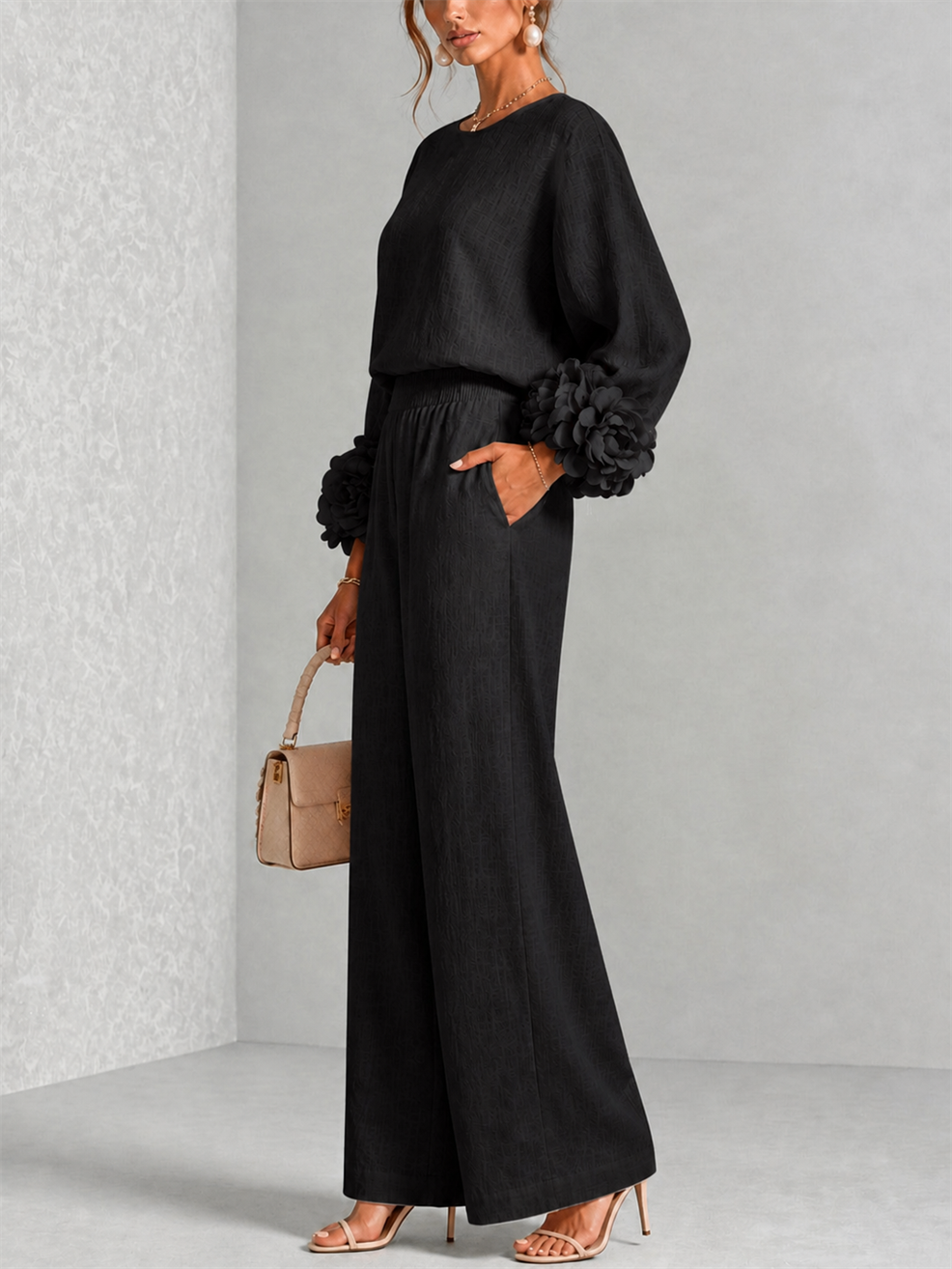 Elodie | Women's Floral Cuff Top and Wide-Leg Trouser Set
