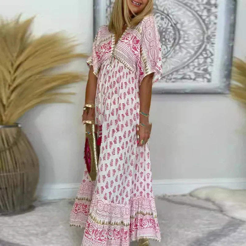 Freya | Women's Boho Print Maxi Dress with V-Neck