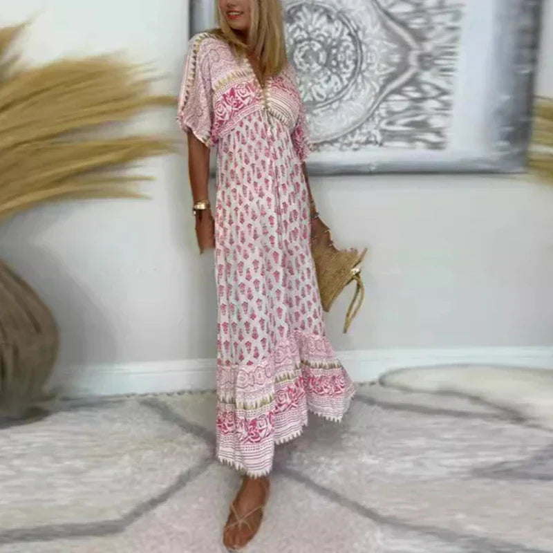 Freya | Women's Boho Print Maxi Dress with V-Neck