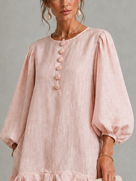 Genevieve | Women's Floral Button Puff Sleeve Bubble Hem Mini Dress
