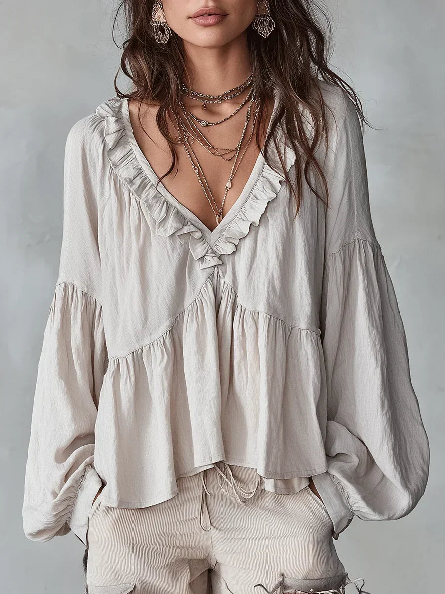 Harriet | Women's Boho Blouse with Ruffle V-Neck and Balloon Sleeves