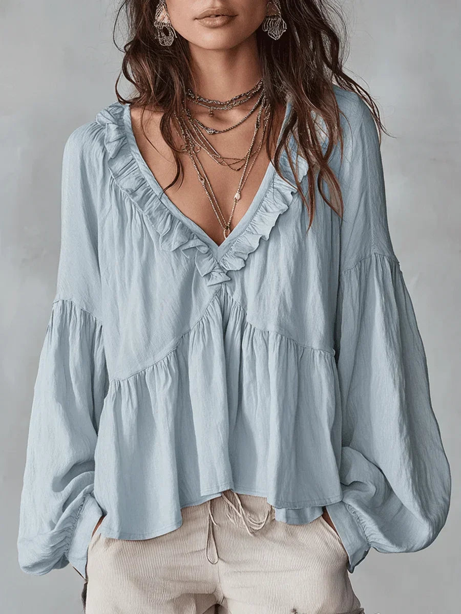 Harriet | Women's Boho Blouse with Ruffle V-Neck and Balloon Sleeves