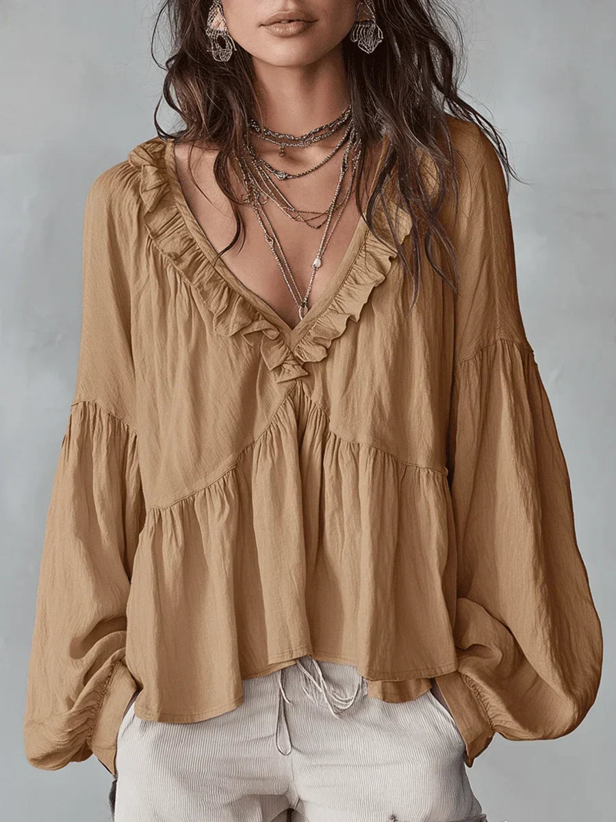 Harriet | Women's Boho Blouse with Ruffle V-Neck and Balloon Sleeves