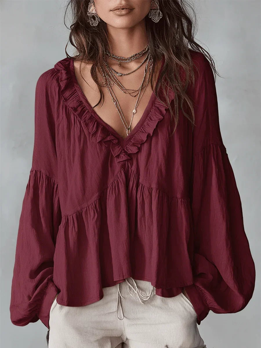 Harriet | Women's Boho Blouse with Ruffle V-Neck and Balloon Sleeves