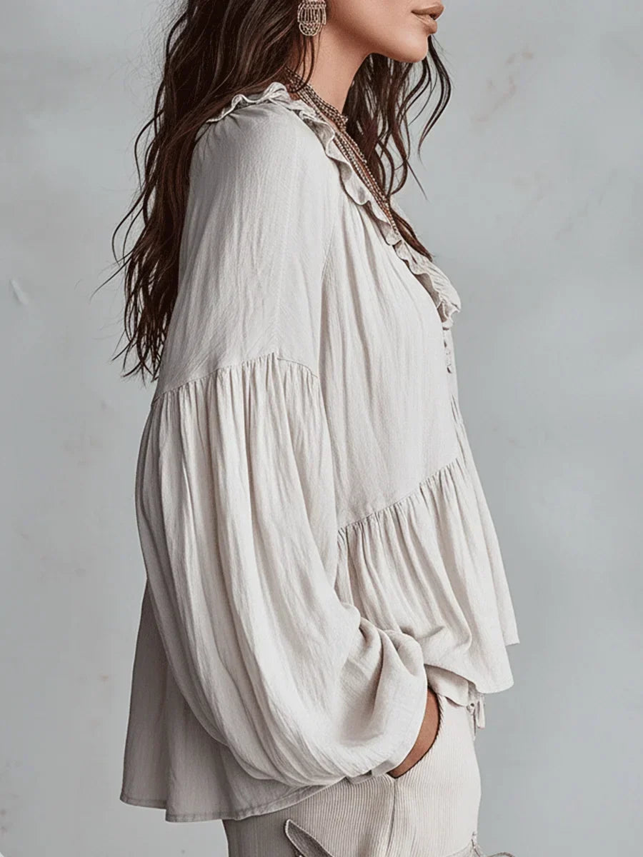 Harriet | Women's Boho Blouse with Ruffle V-Neck and Balloon Sleeves