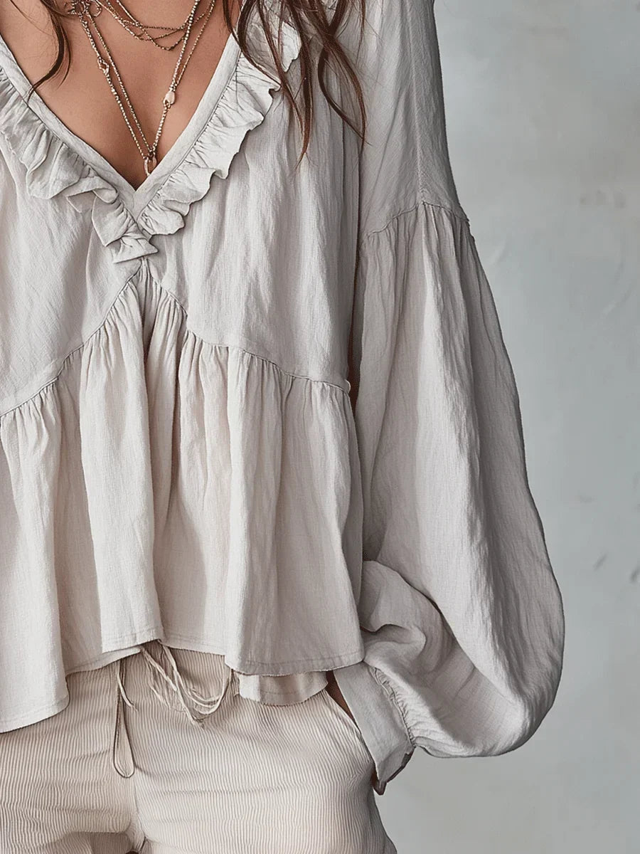 Harriet | Women's Boho Blouse with Ruffle V-Neck and Balloon Sleeves