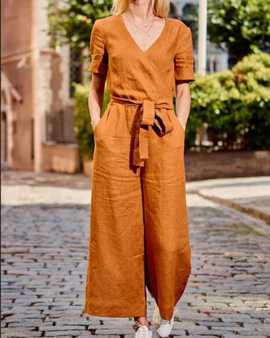 Harriet | Women's V-Neck Belted Jumpsuit with Short Sleeves