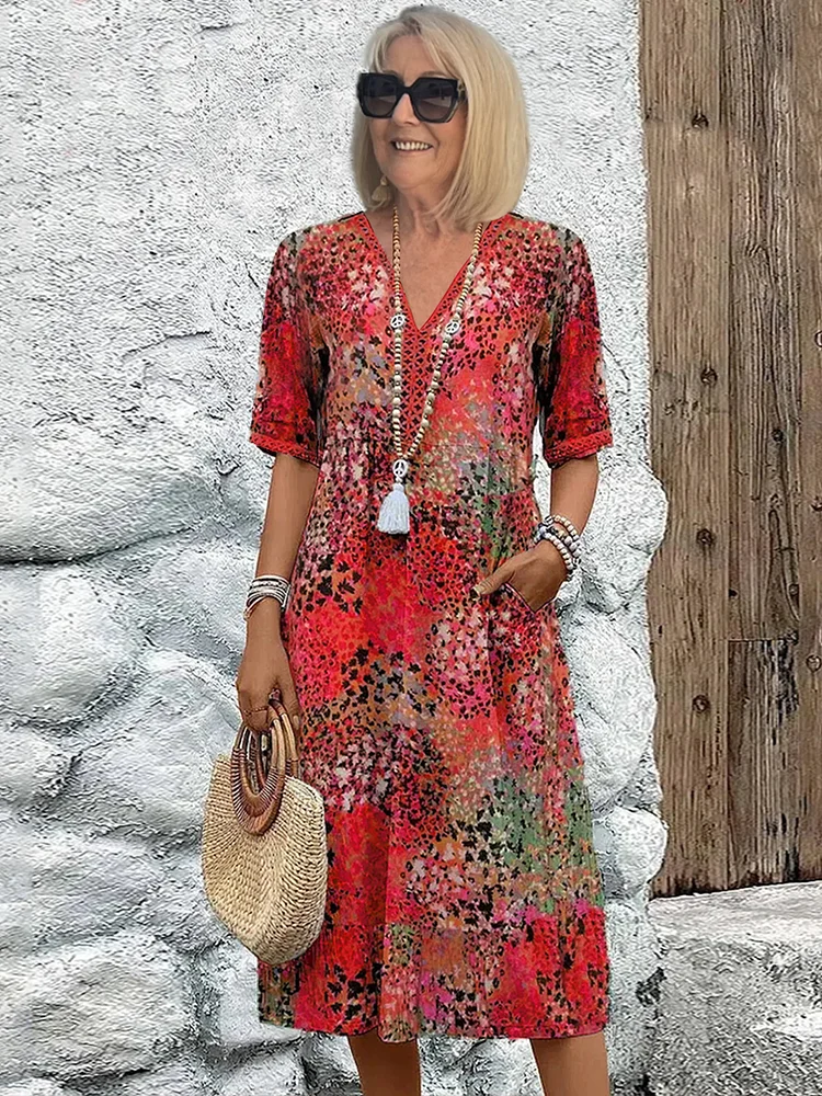 Juliah | Women's V-Neck Printed Midi Dress