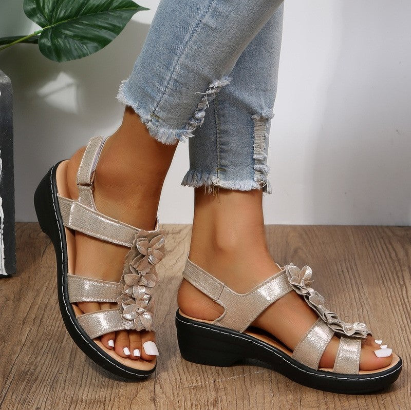 June | Women's Floral Ruffle Wedge Sandals With Ankle Strap