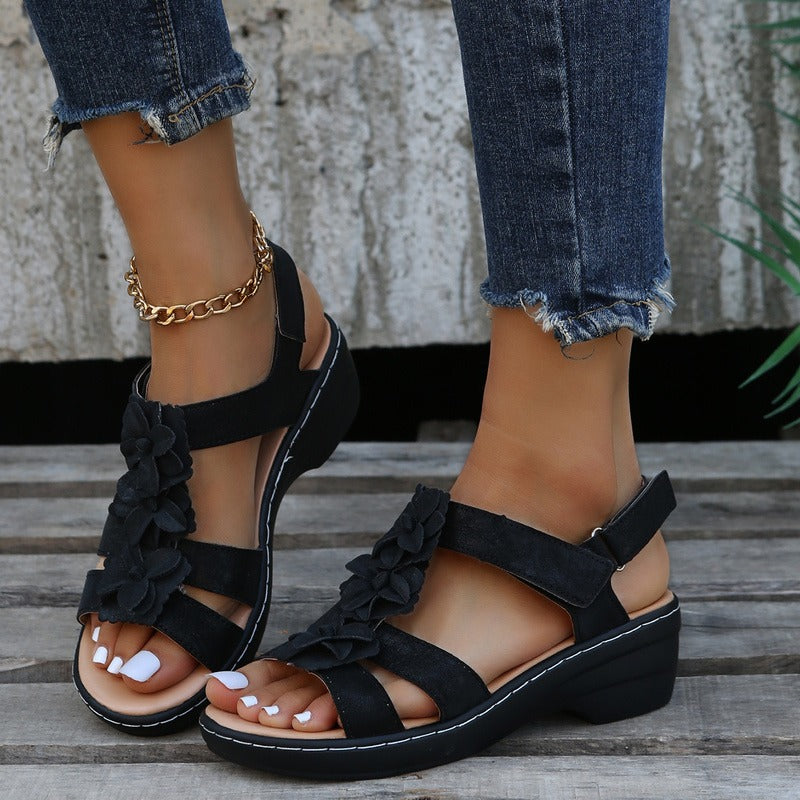 June | Women's Floral Ruffle Wedge Sandals With Ankle Strap