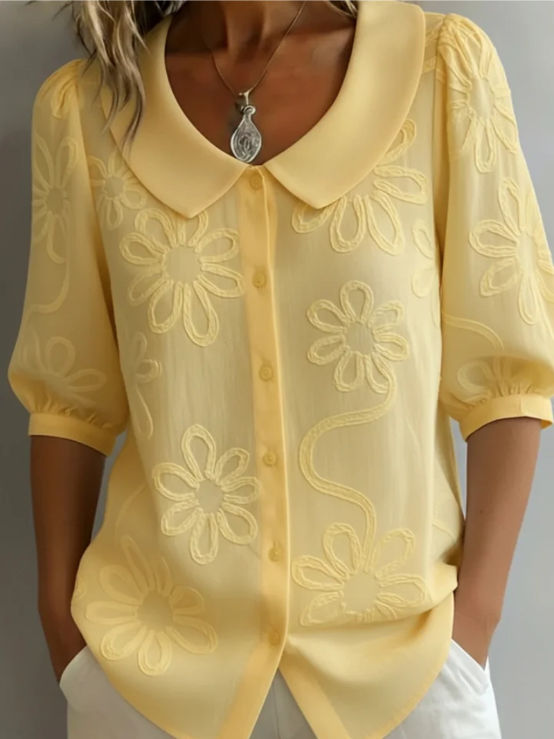 Krisha | Women's Floral Embroidered Blouse With Peter Pan Collar