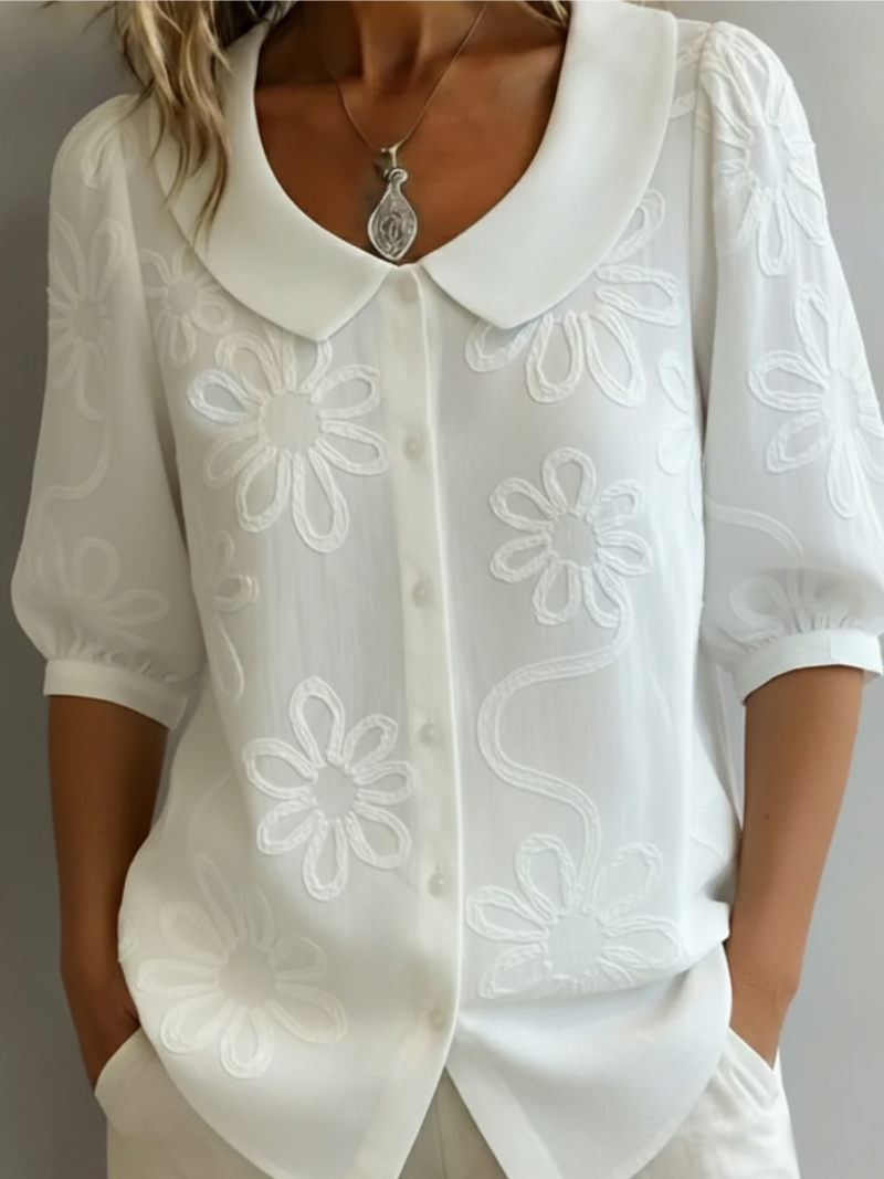 Krisha | Women's Floral Embroidered Blouse With Peter Pan Collar