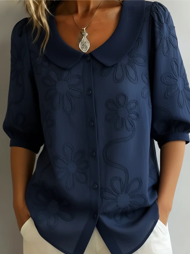 Krisha | Women's Floral Embroidered Blouse With Peter Pan Collar