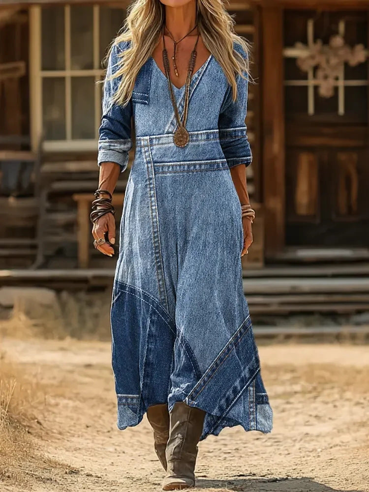 Lenora | Women’s Blue Patchwork Maxi Dress with V-Neck and Long Sleeves