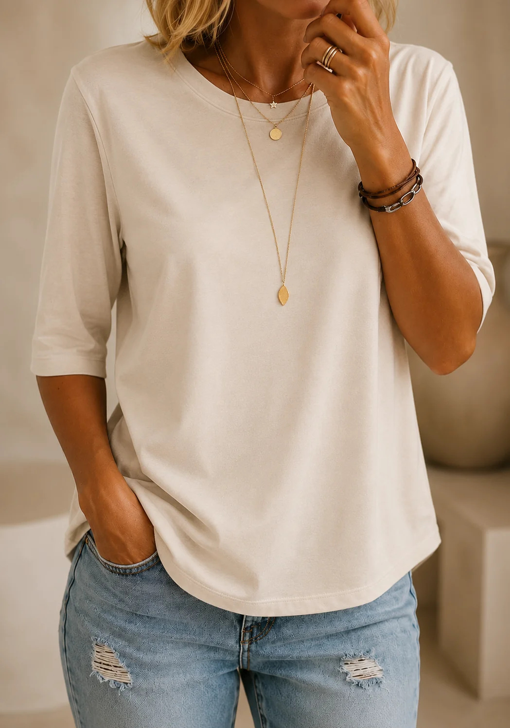 Leona | Women's Relaxed Half-Sleeve Round-Neck T-Shirt