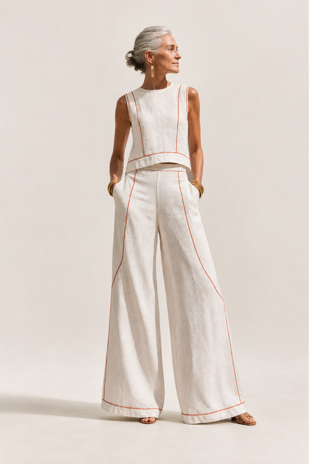 Livia | Contrast-Stitched Wide-Leg Pants Set