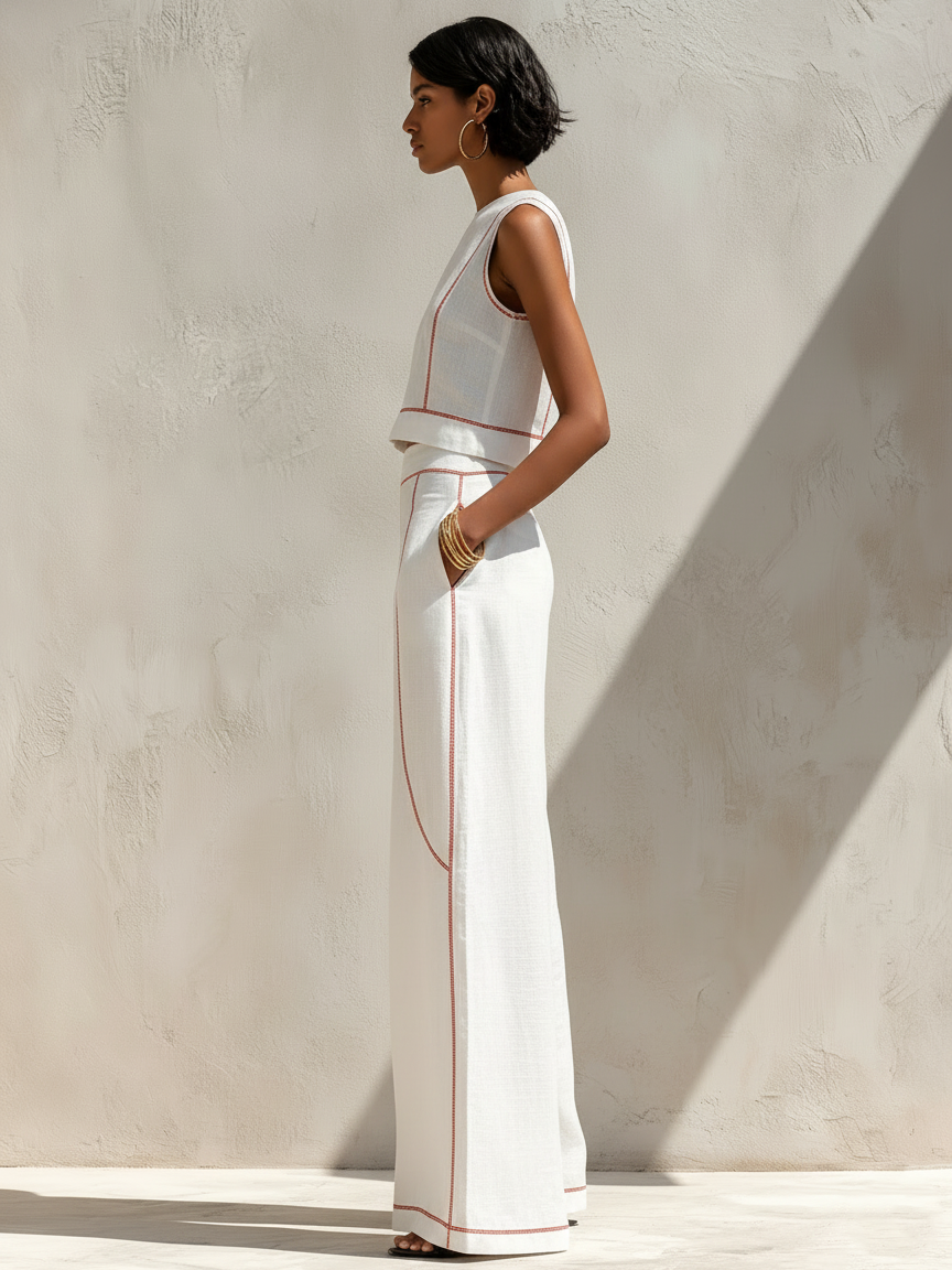 Livia | Contrast-Stitched Wide-Leg Pants Set
