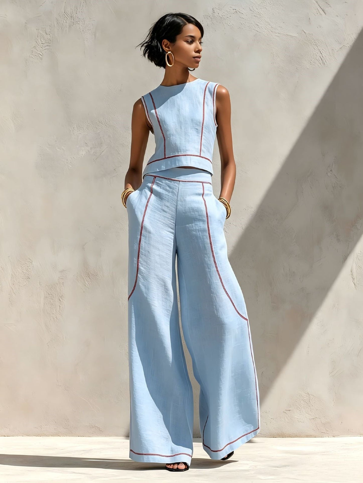 Livia | Contrast-Stitched Wide-Leg Pants Set