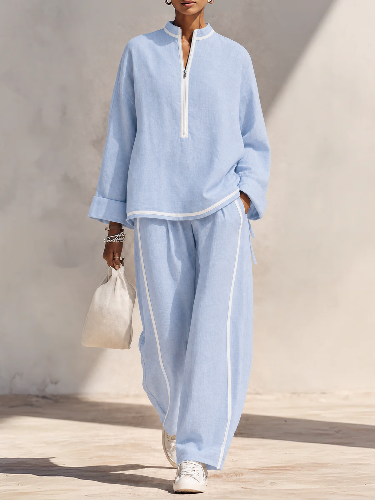 Lucille | Women's Two-Piece Wide-Leg Trousers Set with Half-Zip Top