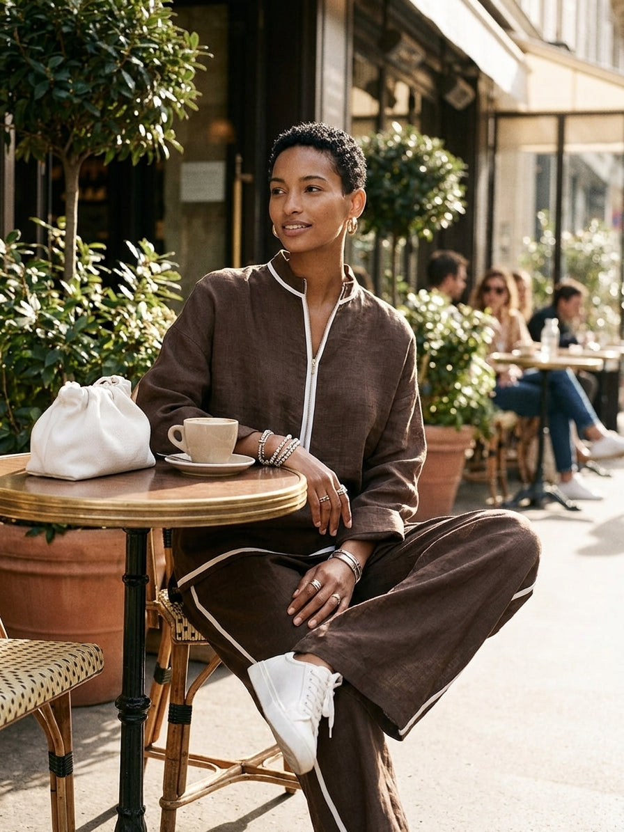 Lucille | Women's Two-Piece Wide-Leg Trousers Set with Half-Zip Top