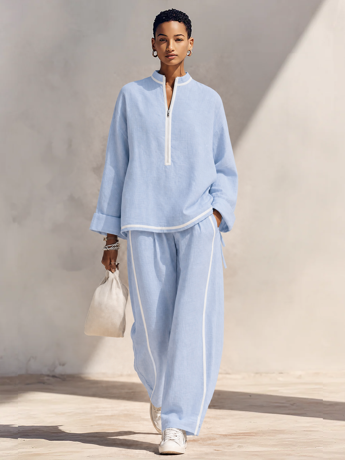 Lucille | Women's Two-Piece Wide-Leg Trousers Set with Half-Zip Top