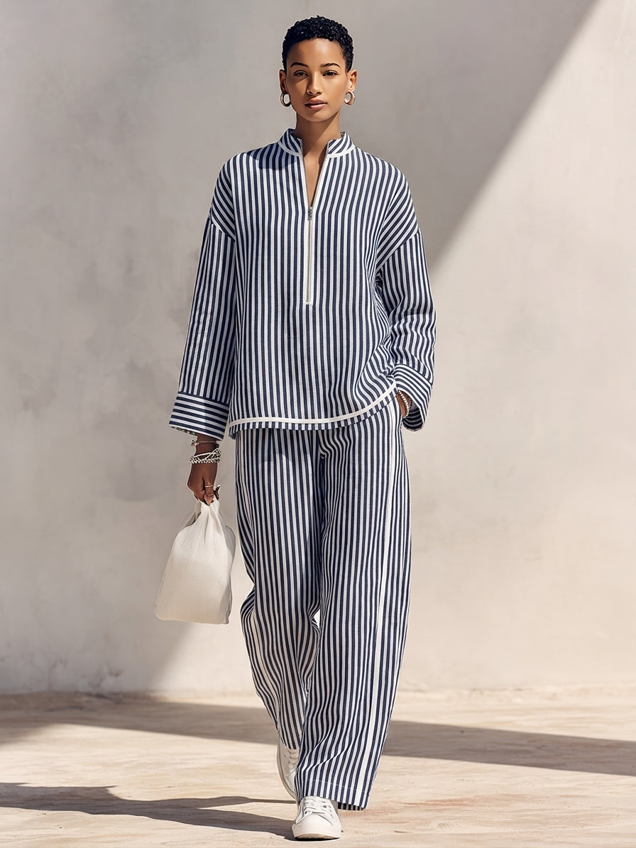 Lucille | Women's Two-Piece Wide-Leg Trousers Set with Half-Zip Top