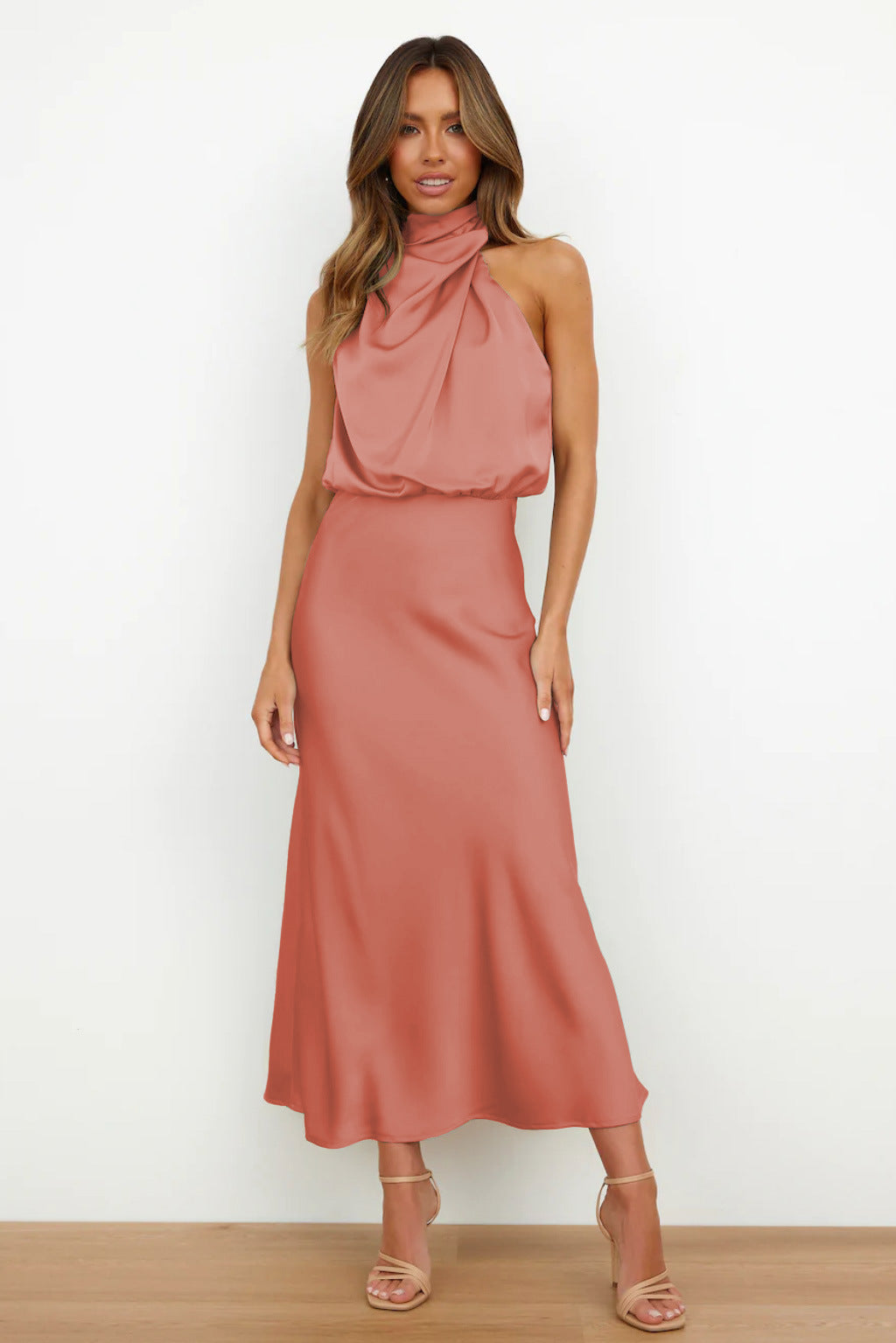 Lyla | Women’s Halter Neck Midi Dress with Draped Cowl Front