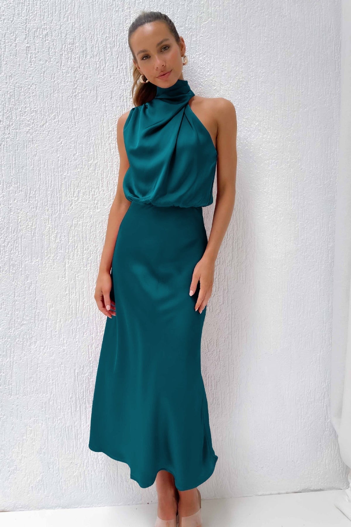 Lyla | Women’s Halter Neck Midi Dress with Draped Cowl Front