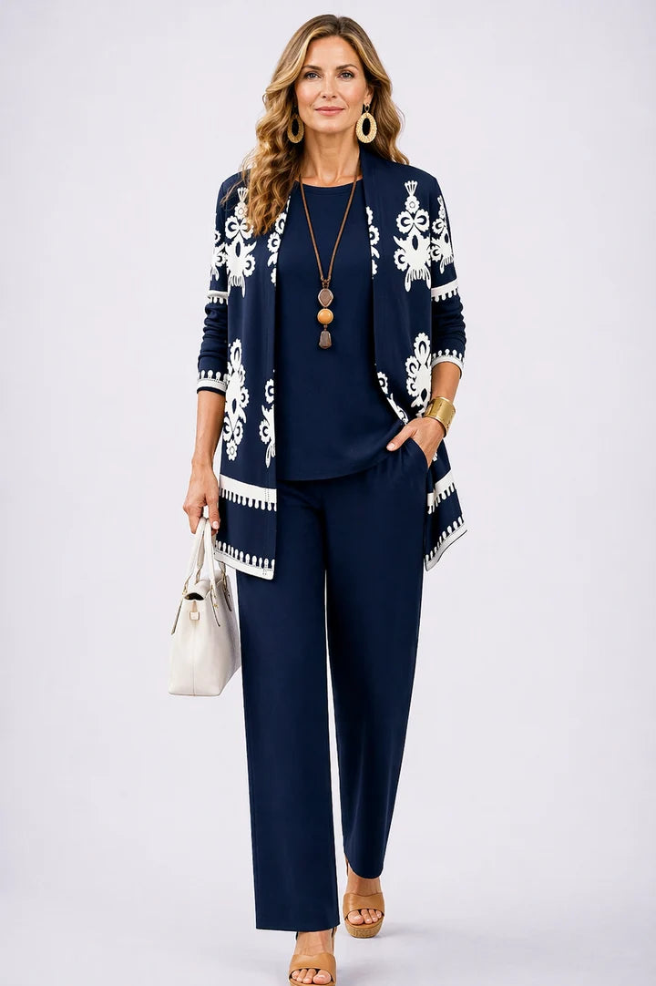 Maribela | Women's Three-Piece Pants Set With Printed Cardigan