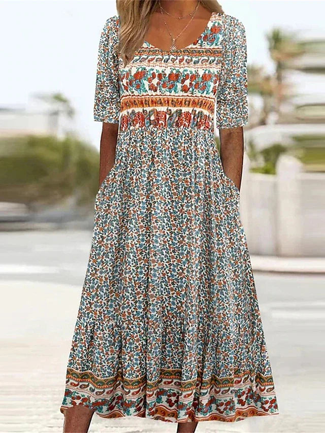 Maribela | Women's Boho Print Midi Dress with Tiered Skirt