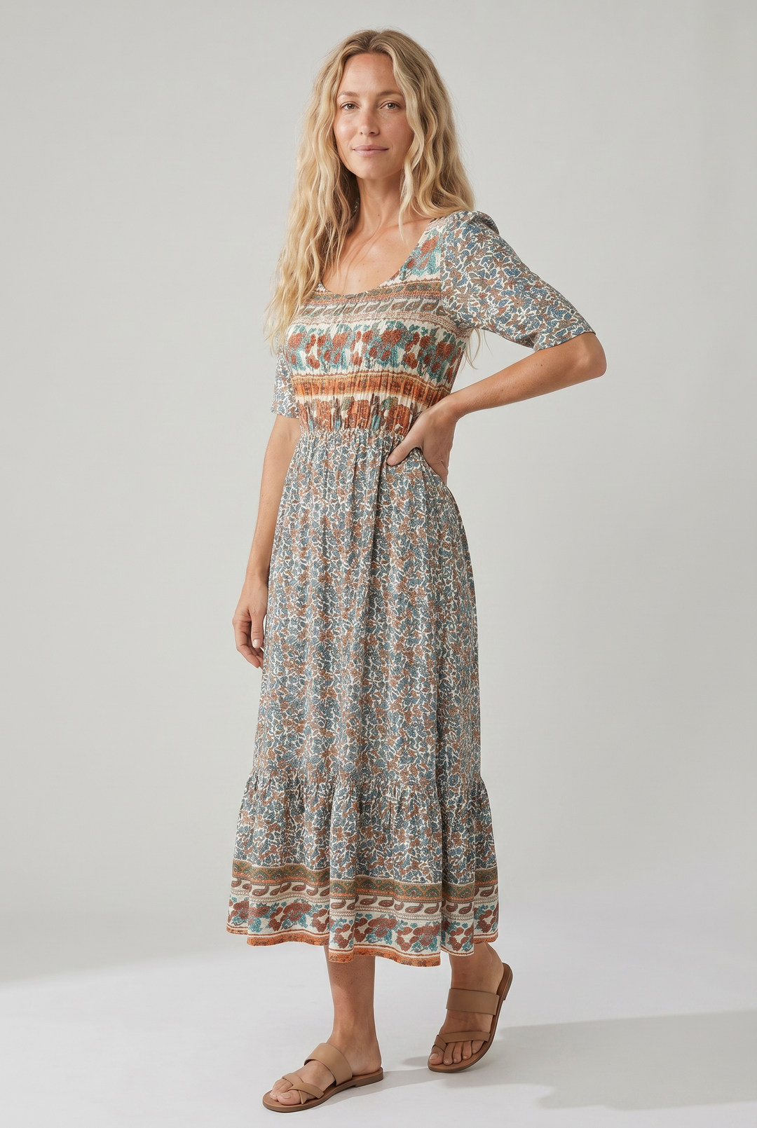 Maribela | Women's Boho Print Midi Dress with Tiered Skirt