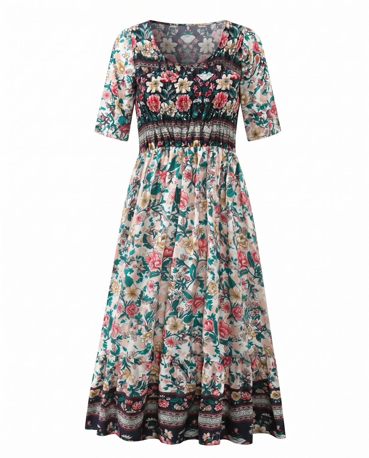 Maribela | Women's Boho Print Midi Dress with Tiered Skirt