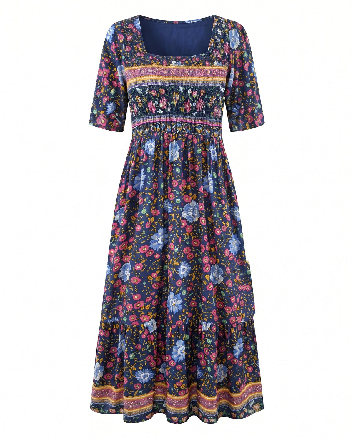 Maribela | Women's Boho Print Midi Dress with Tiered Skirt
