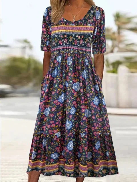 Maribela | Women's Boho Print Midi Dress with Tiered Skirt