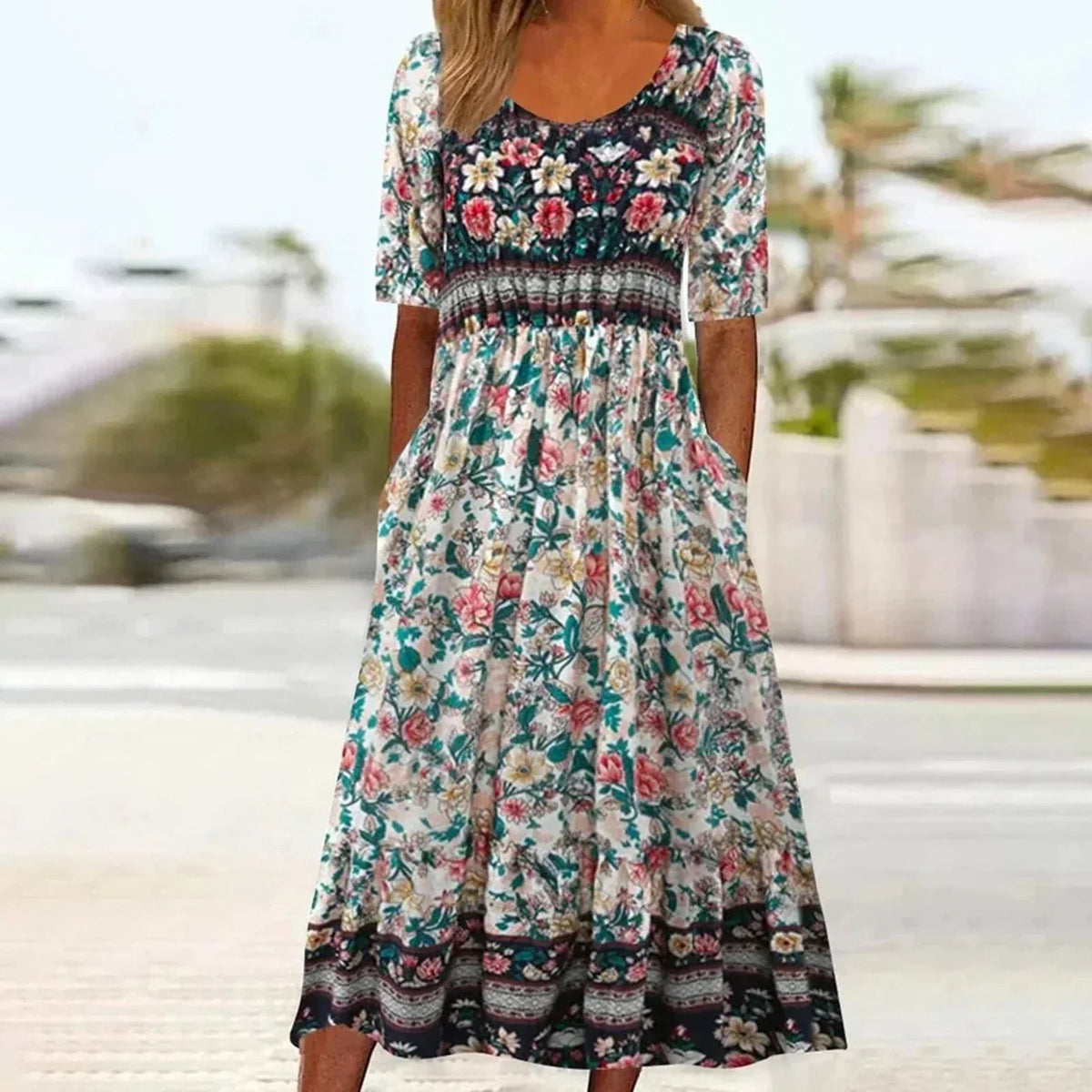 Maribela | Women's Boho Print Midi Dress with Tiered Skirt