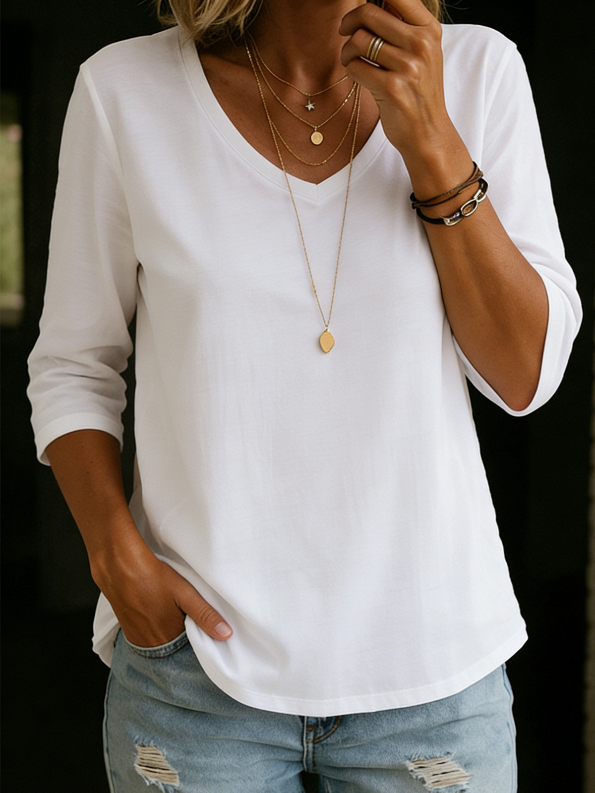 Maribelle | Women's V-Neck Three-Quarter Sleeve T-Shirt
