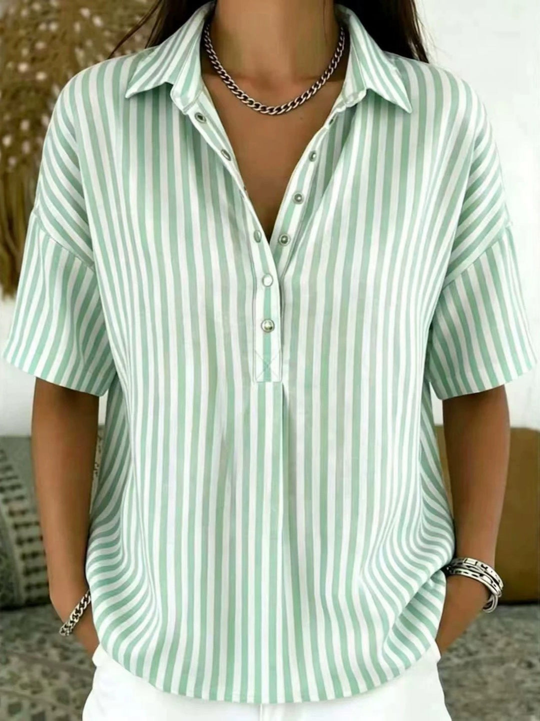 Marinae | Women's Striped Collared Half-Button Blouse