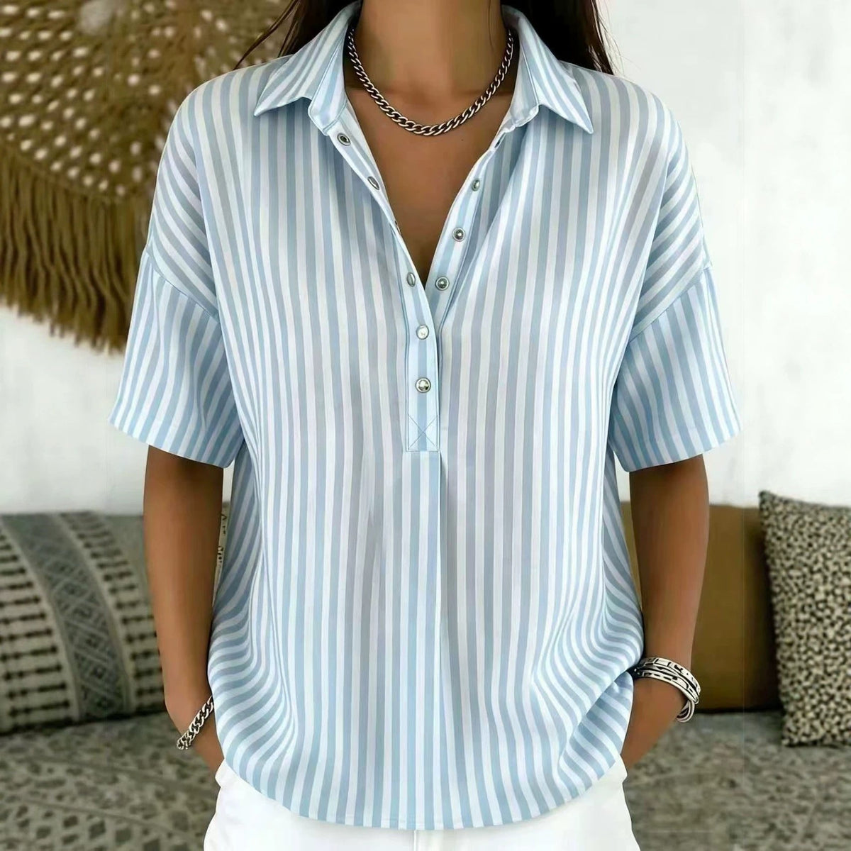 Marinae | Women's Striped Collared Half-Button Blouse