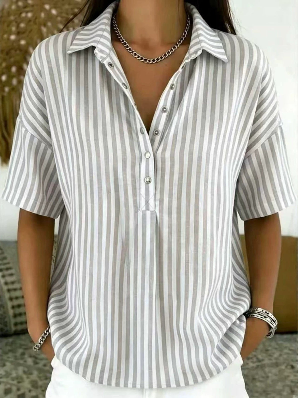 Marinae | Women's Striped Collared Half-Button Blouse