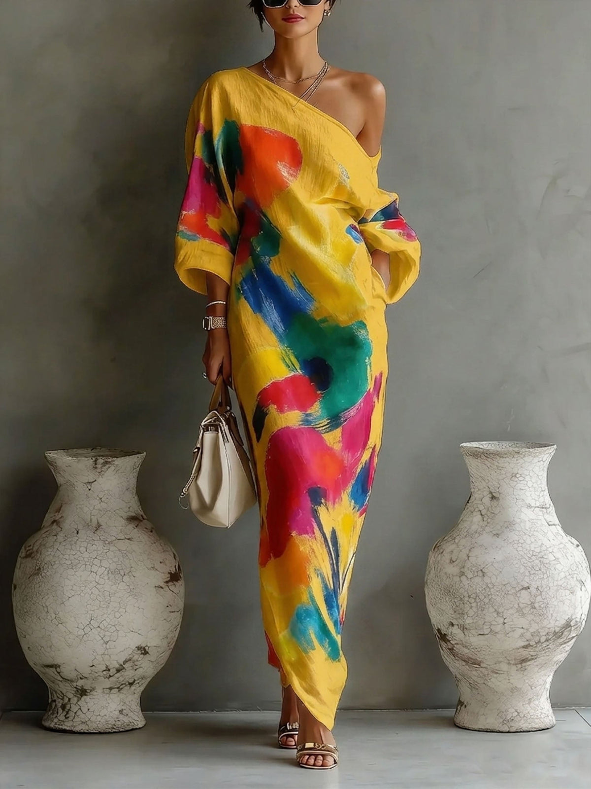 Marivana | Women's Abstract Print One-Shoulder Maxi Dress