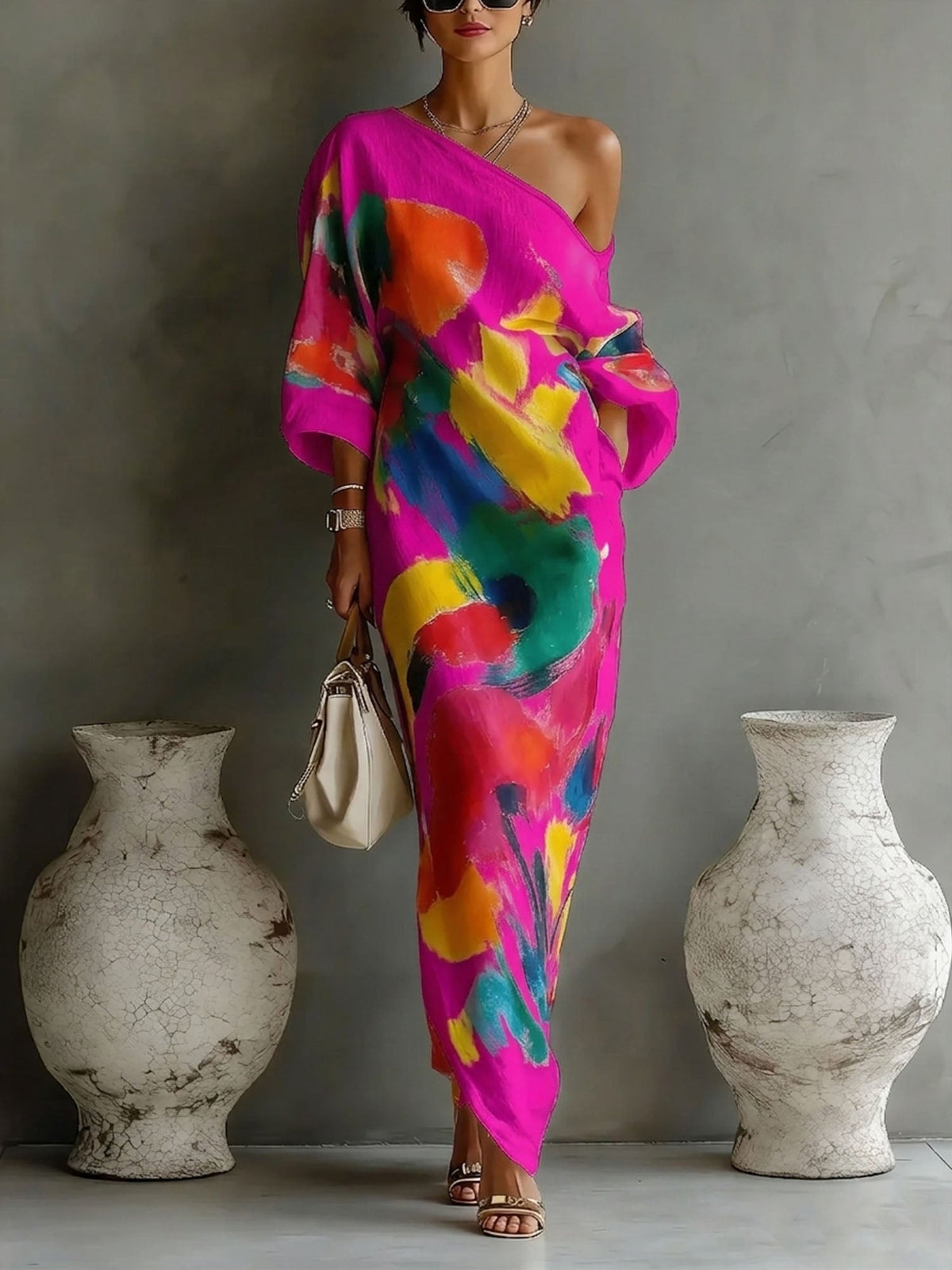 Marivana | Women's Abstract Print One-Shoulder Maxi Dress