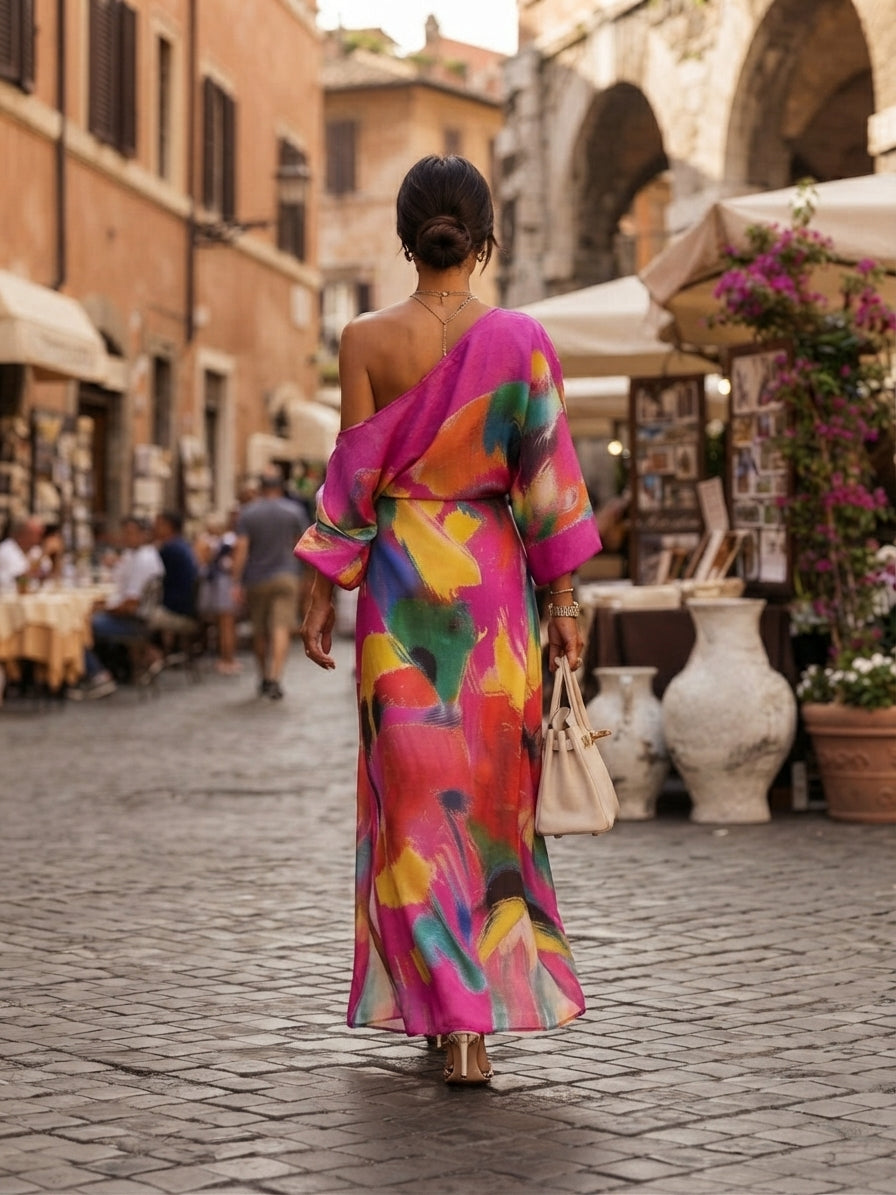 Marivana | Women's Abstract Print One-Shoulder Maxi Dress