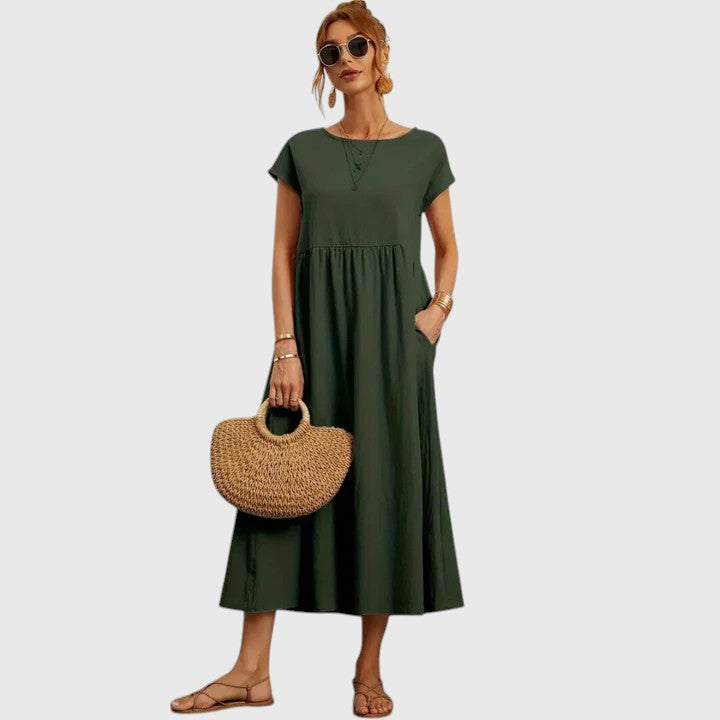 Matilda | Women's Casual Midi Dress with Short Sleeves and Pockets