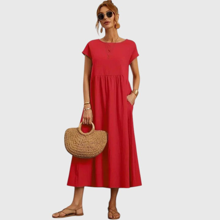 Matilda | Women's Casual Midi Dress with Short Sleeves and Pockets