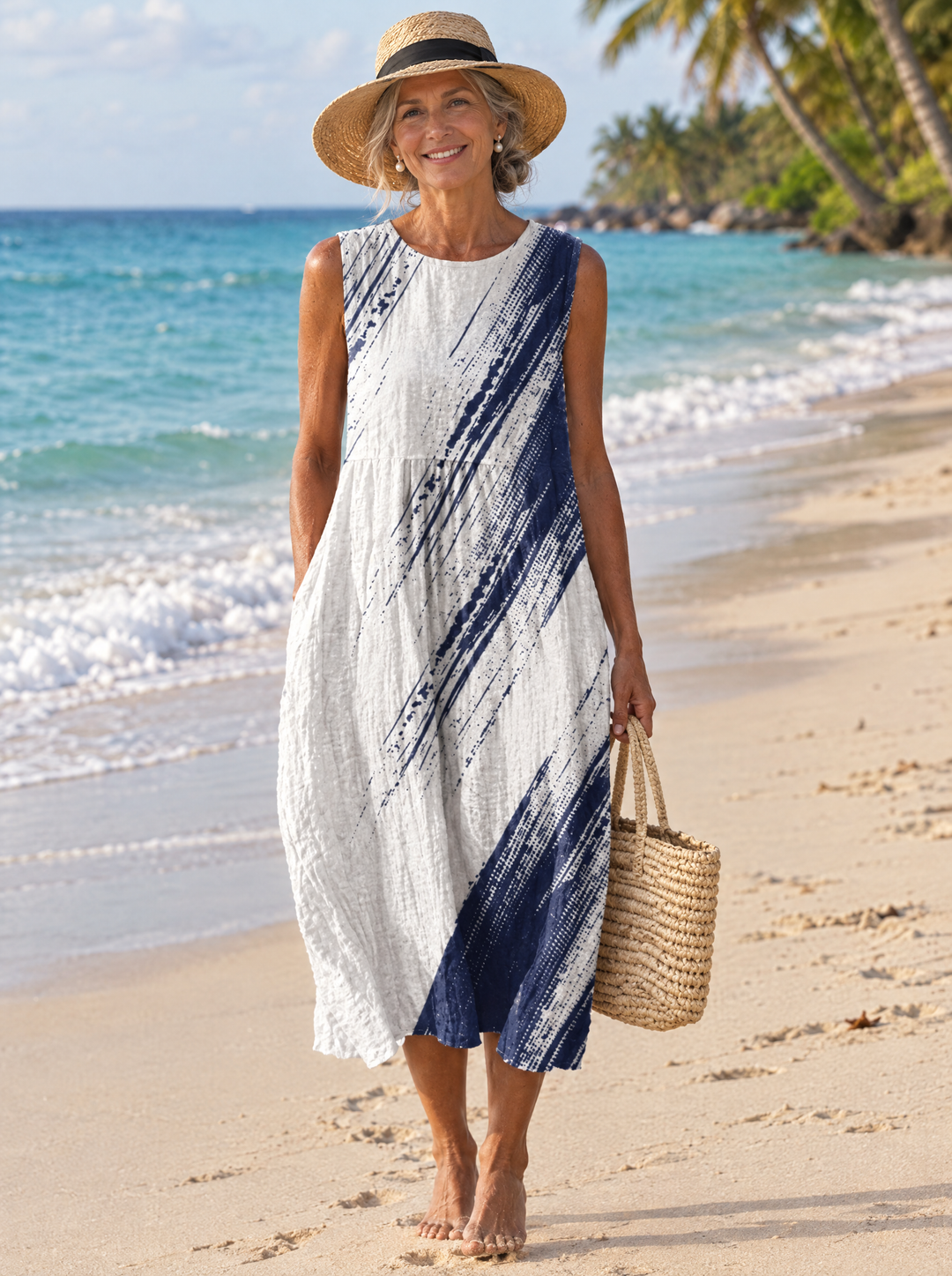 Miriam | Women's Indigo Brushstroke Print Midi Dress