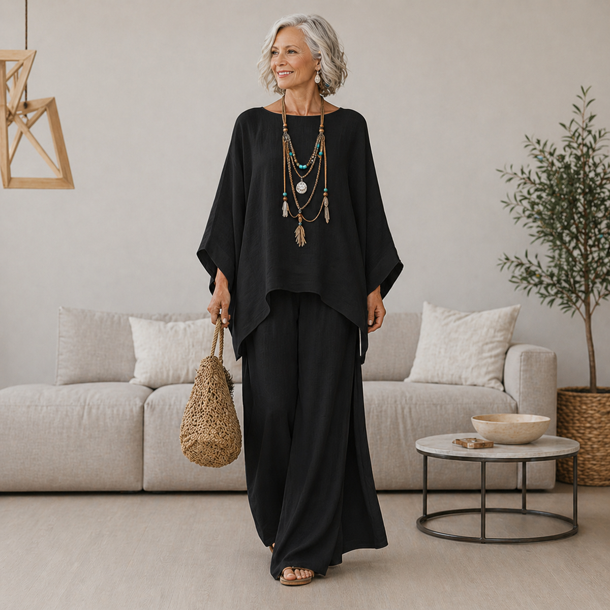 Monica | Women's Two-Piece Batwing Top and Wide-Leg Pants Set