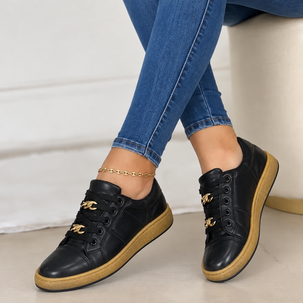 Naisy | Women's Lace-Up Casual Sneakers With Gold-Tone Details