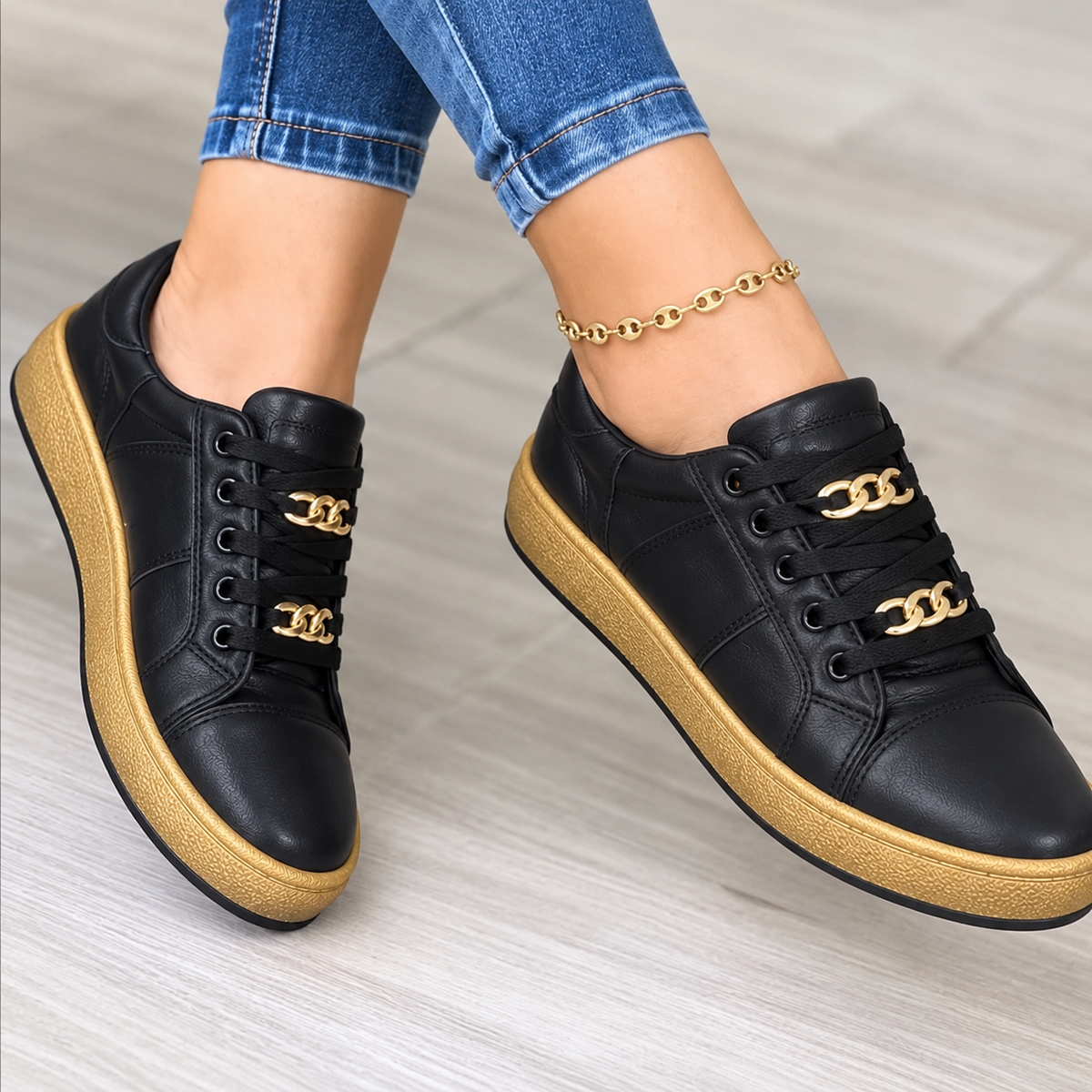 Naisy | Women's Lace-Up Casual Sneakers With Gold-Tone Details