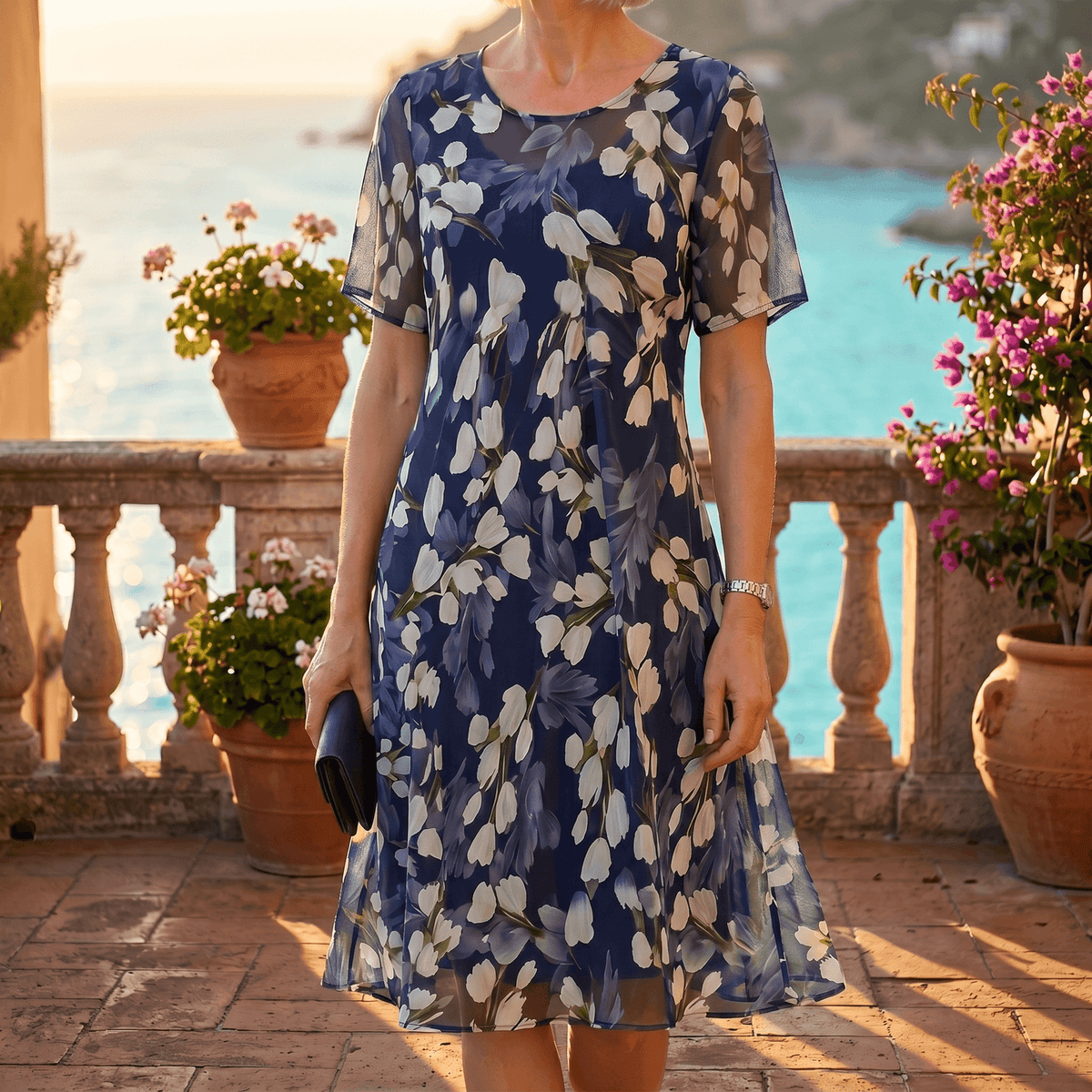 Naomi | Women's Navy Blue Floral A-Line Midi Dress