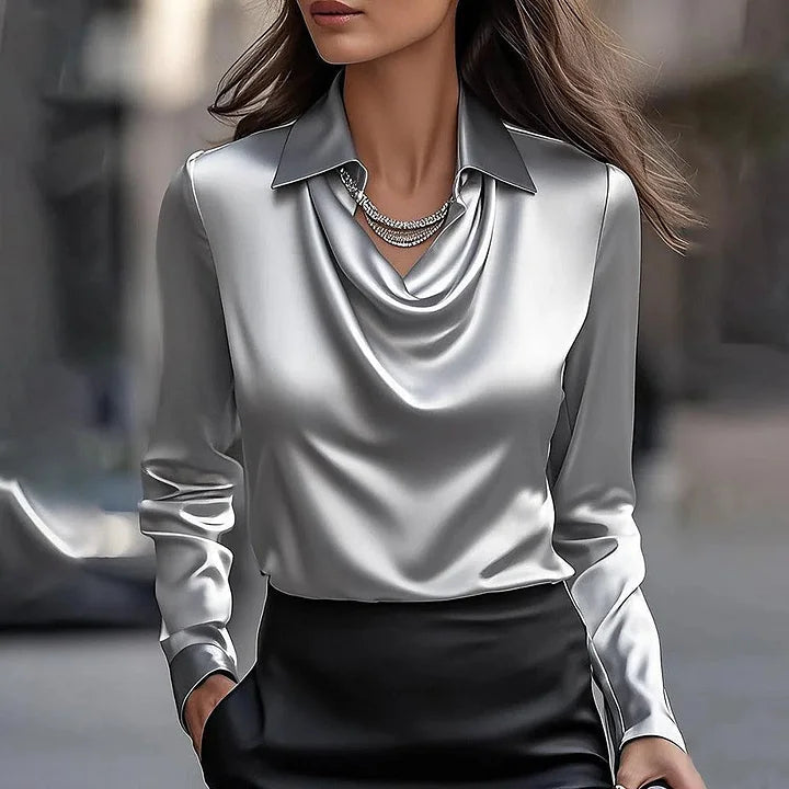 Phoebe | Women's Draped Neckline Blouse with Long Sleeves